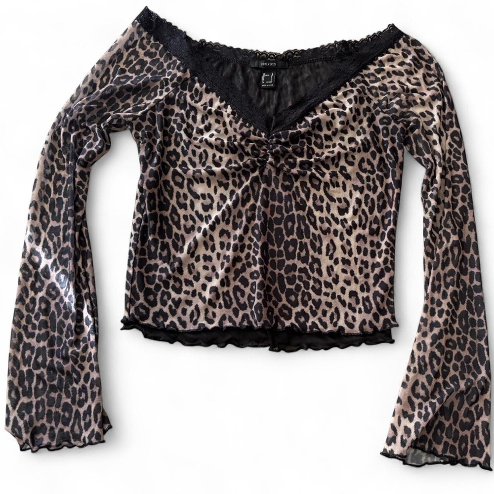 Forever 21 Leopard Print Off-Shoulder Sheer Blouse - Picture 1 of 4